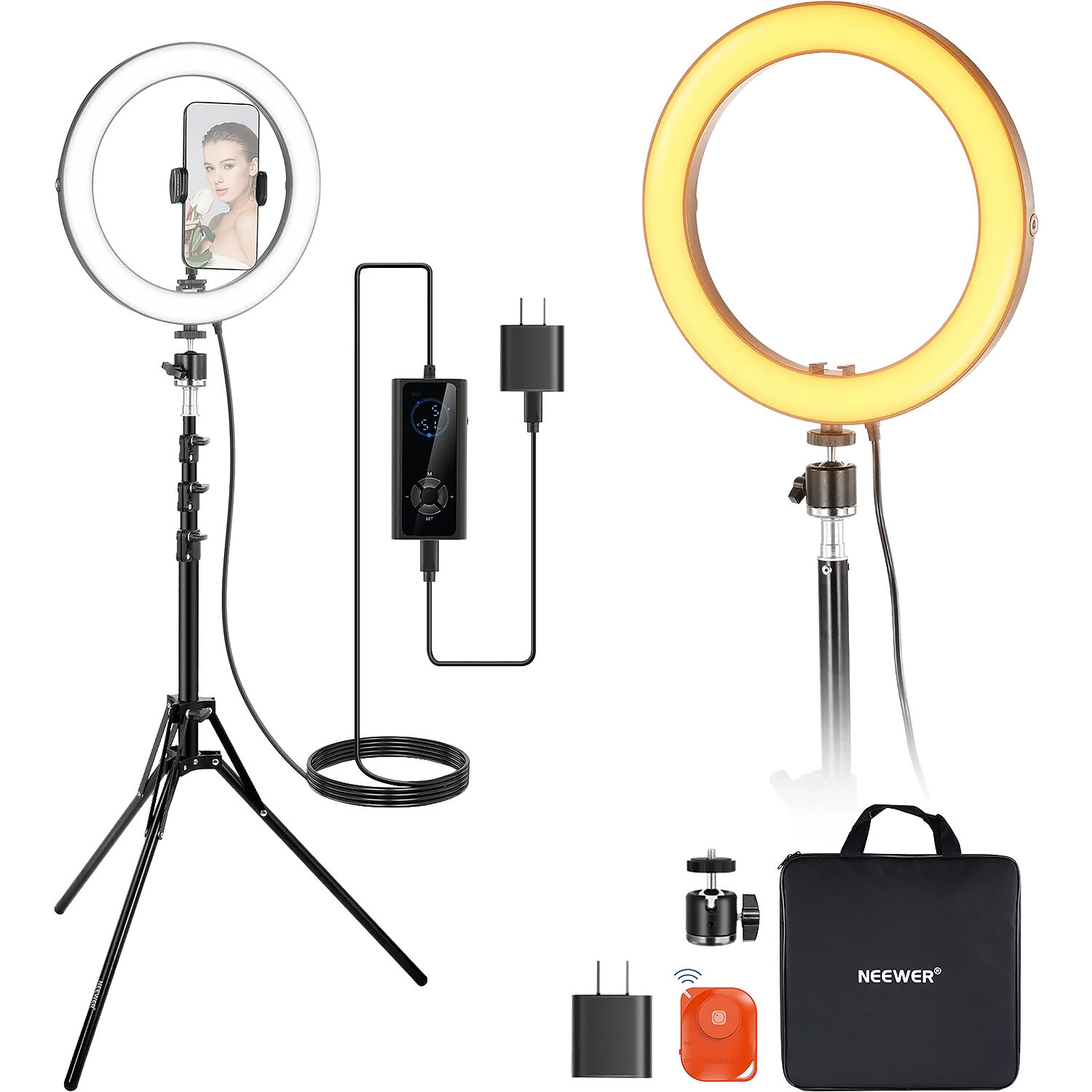 Neewer 10-inch bi-color LED ring light kit with tripod stand and phone holder