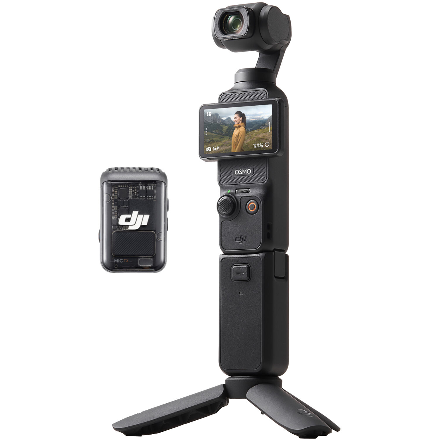 DJI Osmo Pocket 3 gimbal camera with rotating touchscreen and DJI Mic 2 transmitter