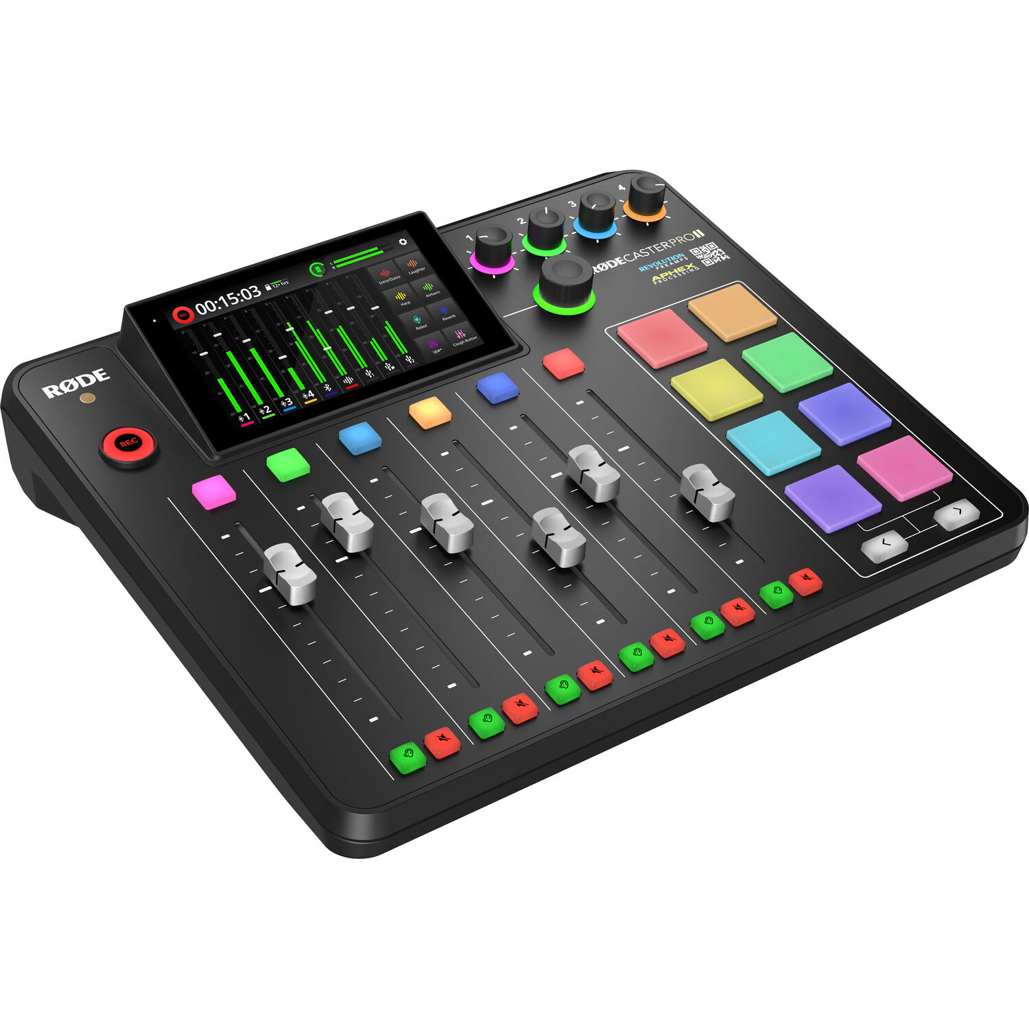 RODECaster Pro II audio production console with touchscreen showing level meters and sound pads